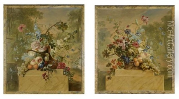 Still Lifes Of Fruit And Flowers In Baskets On Marble Socles, In A Landscape Setting (pair) Oil Painting - Willem van Leen
