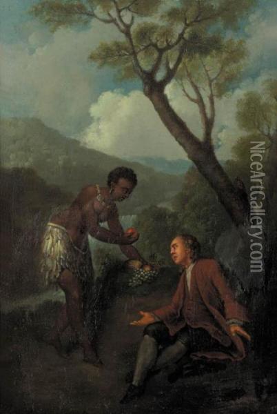 A Moor Servant Offering Fruit To A Gentleman Seated By A Tree In A Mountainous Landscape Oil Painting - Jean-Baptiste Oudry