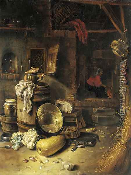 The courtyard of a cottage with a peasant by a fire Oil Painting - Willem Kalf