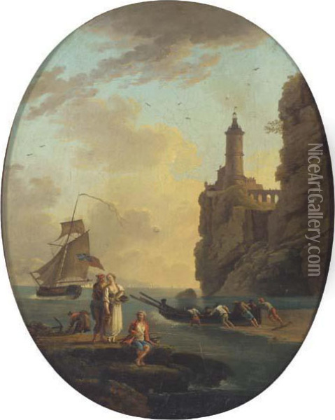 A Rocky Coastal Landscape With Figures On The Shore Oil Painting - Claude-joseph Vernet