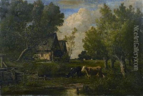 Troupeau Au Bord De La Riviere Oil Painting - Louis-Francois-V. Watelin
