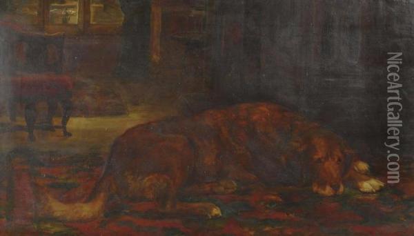 A Dog Resting In An Interior Oil Painting - John Trivett Nettleship