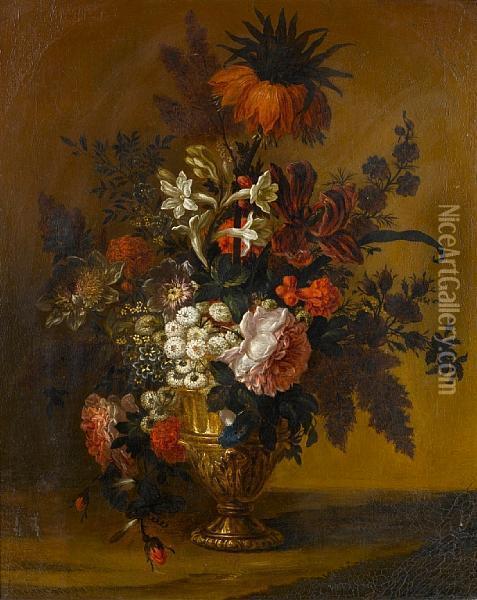 Tulips, Convolvulus, Roses And Other Flowersin A Bronze Urn On A Stone Ledge Oil Painting - Claude Huilliot