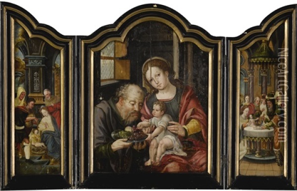 A Triptych: Central Panel: The Holy Family Left Panel: The Adoration Of The Shepherds Right Panel: The Circumcision Oil Painting - Pieter Coecke van Aelst the Elder