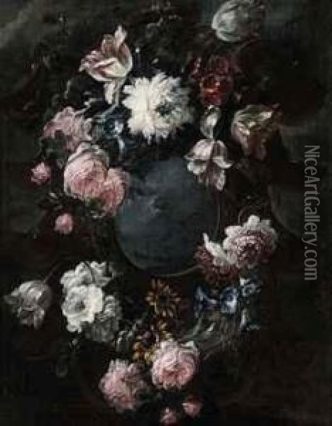 A Garland Of Roses, Parrot Tulips And Other Flowers Oil Painting - Jean-Baptiste Morel