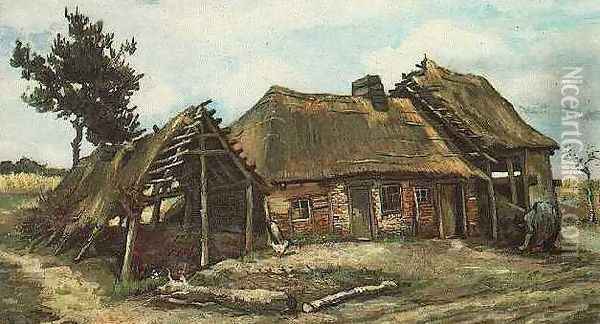 Cottage With Decrepit Barn And Stooping Woman Oil Painting - Vincent Van Gogh