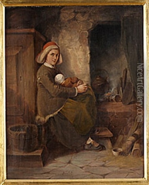 Kvinna Med Barn Vid Eldhard Oil Painting - Anders Gustav Koskull