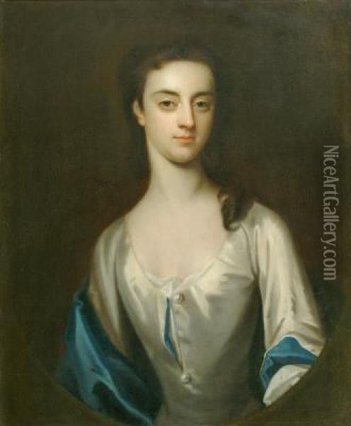 Portrait Of A Lady In A Blue And White Satin Gown Oil Painting - Sir Godfrey Kneller