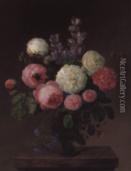 Roses With Lilac And Convolvuli In A Vase On A Marble Plinth Oil Painting - Johannes Ludwig Camradt