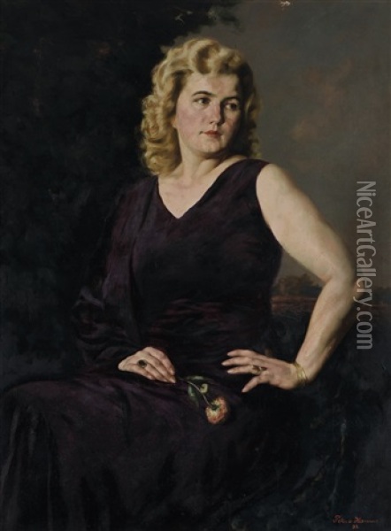 Portrait Einer Jungen Frau In Violettem Abendkleid Oil Painting - Peter von Hamme-Voitus