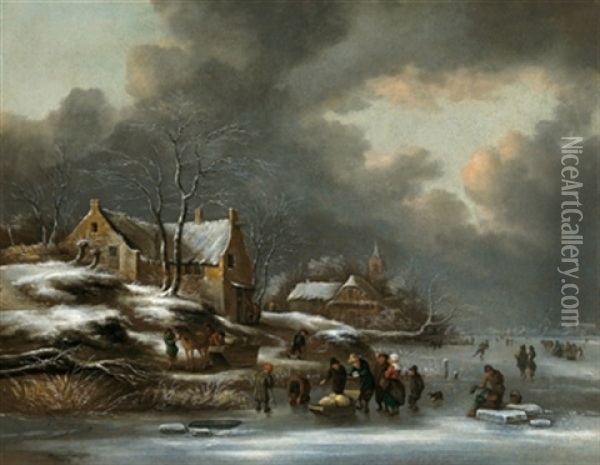 Winterlandschaft Mit Schlittenfahrern Und Eislaufern Oil Painting - Nicolaes Molenaer