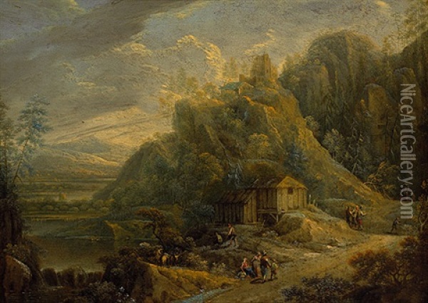 Malerische Flusslandschaft Mit Ruinenhugel, Alter Muhle Und Zahlreicher Figurenstaffage Oil Painting - Johann Friedrich Thiele