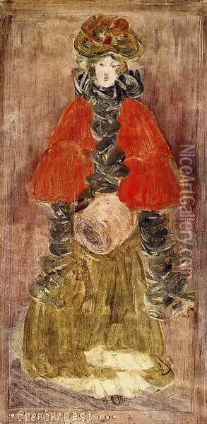 Lady With Red Cape And Muff Oil Painting - Maurice Brazil Prendergast