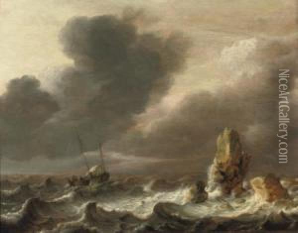 A Sailing Vessel In Choppy Waters, Rocks Nearby Oil Painting - Hendrick Dubbels