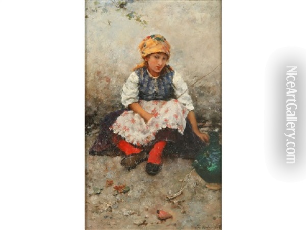 A Study Of A Young Girl In Traditional Costume, Seated Beside A Pot Oil Painting - Leo A. Malempre