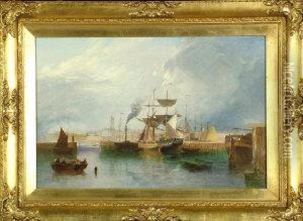 Seaham Harbour With A Collier And Other Shipping At Moorings In The Foreground. Oil Painting - Thomas Henry Hair