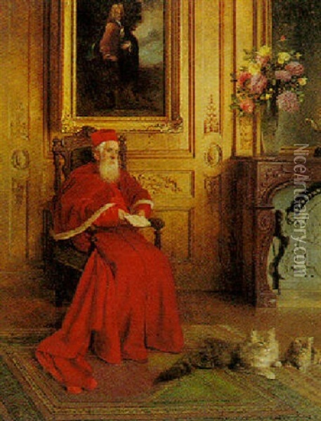 A Cardinal With Two Cats Oil Painting - Georges Croegaert