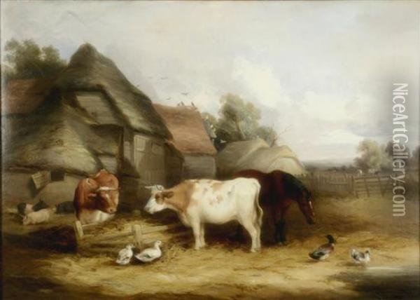 Stable Yard With Cattle, Pigs And Ducks Oil Painting - Henry Bryant