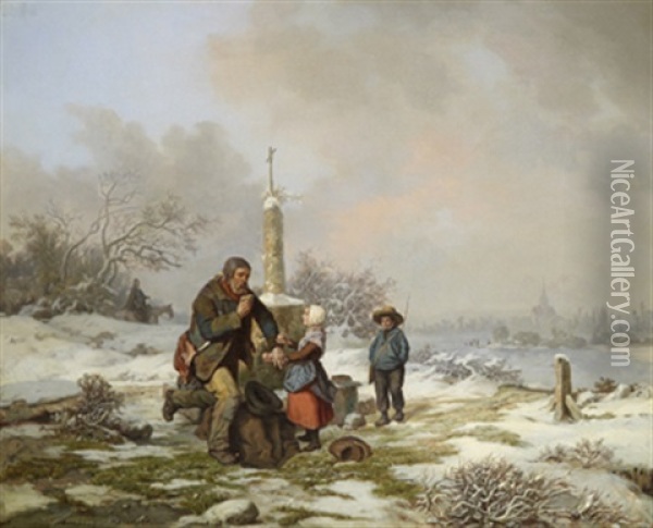 Vinterlandskap Med Vandringsman Och Barn Oil Painting - Per Wickenberg