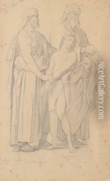 Etude De Trois Personnages Pour L'eglise Saint Vincent De Paul, A Paris. Oil Painting - Hippolyte Flandrin