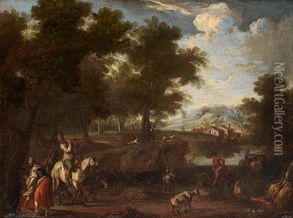Horsemen In A River Landscape, With A Village In The Distance Oil Painting - Christian Reder