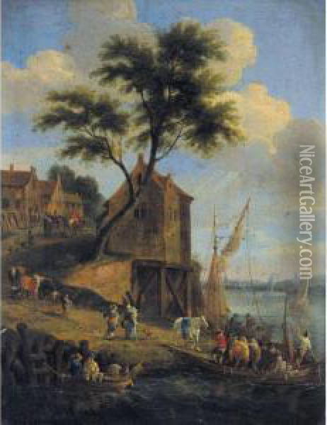 Figures Disembarking From A Ferry With Their Horses, A Village Beyond Oil Painting - Mattijs Schoevaerdts
