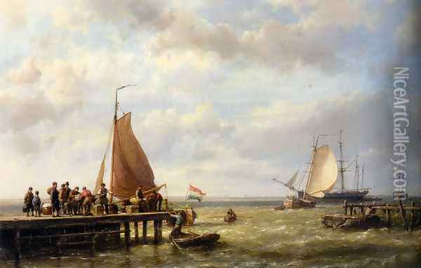 Provisioning a Tall Ship at Anchor Oil Painting - Johannes Hermanus Koekkoek Snr