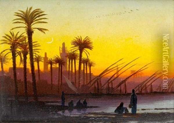 Sunset Over The Nile Oil Painting - Charles Theodore (Frere Bey) Frere