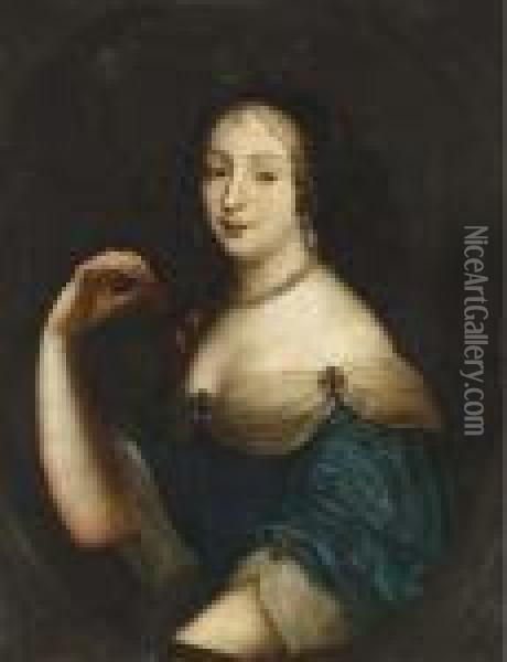 Portrait Of Lady As Diana, Bust-length, In A Blue Dress Oil Painting - Pierre Le Romain I Mignard