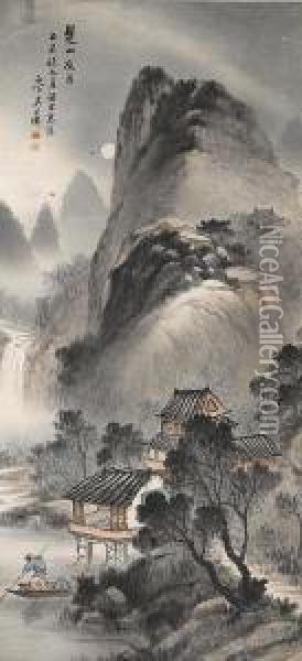 Moonlit Landscape Oil Painting - Wu Shixian