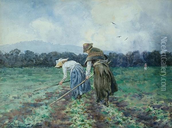 Hoeing The Potatoes Oil Painting - J.A. Henderson Tarbet