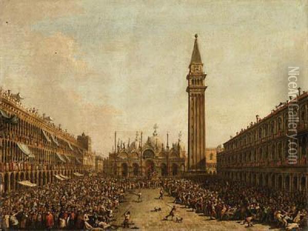 The Piazza San Marco, Venice, On
 The Doge's Coronation Day, Withthe Doge And The Admiral Of The Arsenal 
Being Carried On Thepozzetto, Bearing The Banner Of St. Mark, 
Distributing Money To Thepeople Oil Painting - Francesco Guardi