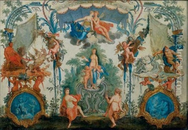 Panneau A Decor De Grotesques Avec Les Figures De Leda, Pluton Et Neptune Oil Painting - Claude Audran III