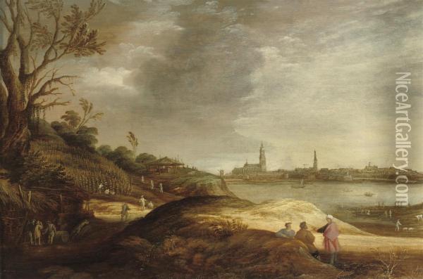 A River Landscape With Farmers Harvesting, A 'capriccio' Of Antwerp In The Distance Oil Painting - Joachim Govertsz. Camphuysen