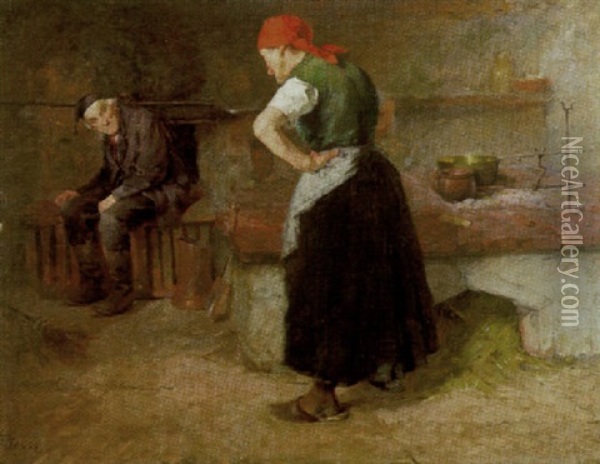 Altes Bauernpaar In Der Kuche Am Herd Oil Painting - Georg Jauss