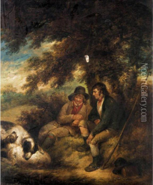 Two Shepherd Boys Underneath A Tree With Their Dogs Oil Painting - George Morland
