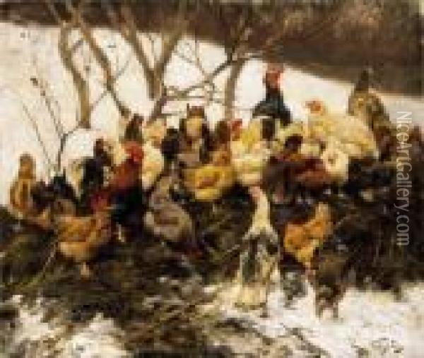 Poultry Yard In Winter Oil Painting - Geza Vastagh