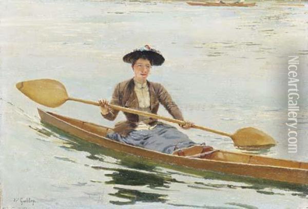 An Elegant Lady Rowing Oil Painting - Ferdinand Joseph Gueldry