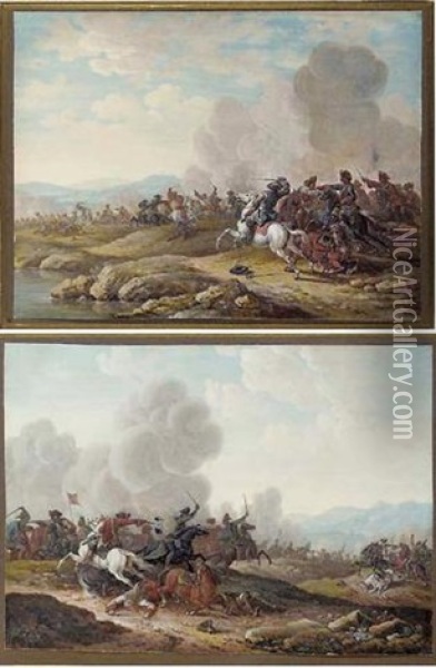 A Calvary Battle By A River Oil Painting - Louis Nicolas van Blarenberghe