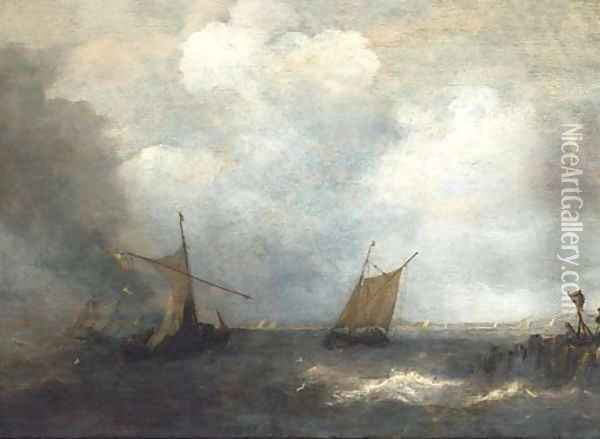Two smalschips on a choppy sea, by a wherry Oil Painting - Salomon van Ruysdael