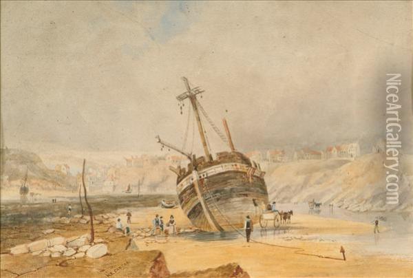 Coastalscenes, One With A Beached Hulk A Pair Oil Painting - Henry Barlow Carter