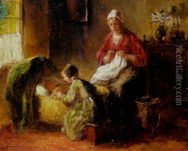 A Cottage Interior With A Mother, Child And A Baby Oil Painting - Bernard de Hoog