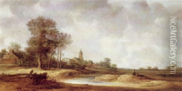 Open Landscape With Figures, A Ruined Church Beyond Oil Painting - Frans de Hulst