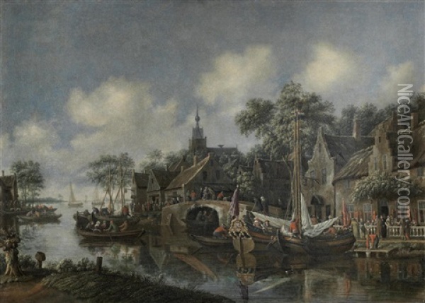 A Town By A Canal With Figures And Boats In The Foreground, A Church Beyond Oil Painting - Thomas Heeremans