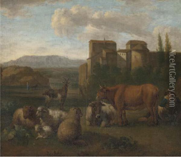 A Landscape With A Shepherd And His Flock Near A Town Oil Painting - Adrian Van De Velde