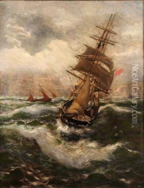 A Heavy Swell Off Whitby Harbor Oil Painting - Thomas Rose Miles