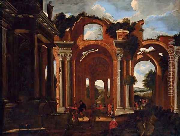A capriccio of the Basilica of Constantine with travelers by a drinking trough and others resting Oil Painting - Viviano Codazzi