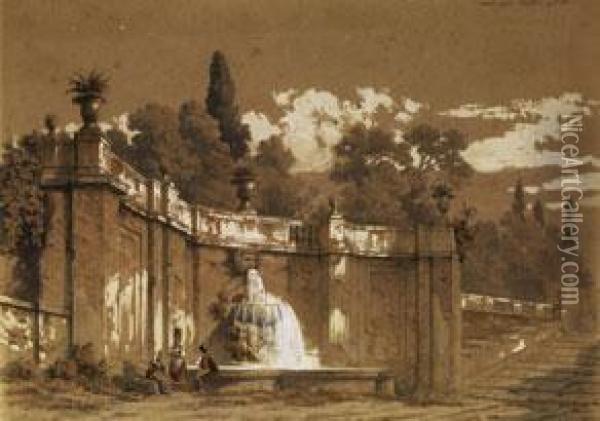 Italienischer Brunnen In Einer Exedra Oil Painting - Julius Schlegel