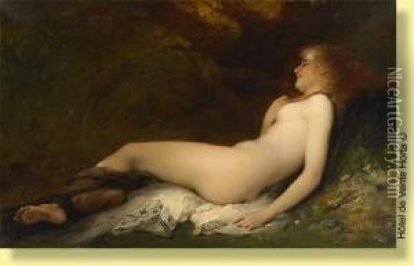 Jeune Femme Nue Alanguie Dans Un Bois.
 Signee, Situee Et Datee: Joseph Coomans Paris 1885 Oil Painting - Pierre Oliver Joseph Coomans