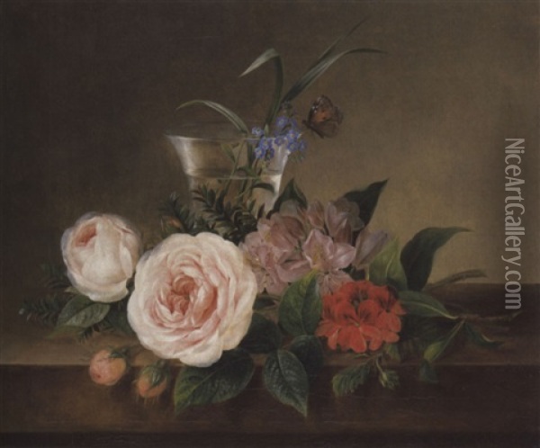 Blumenstrauss Mit Wasserglas Und Schmetterling Oil Painting - Hanne Hellesen
